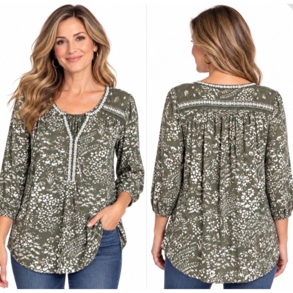 Lucky Brand 2X Green Floral Boho Embroidered Peasant Top 3/4 Sleeve